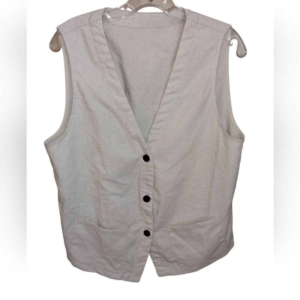 Vest L Beige Cotton Linen Button Down Waistcoat Euc
